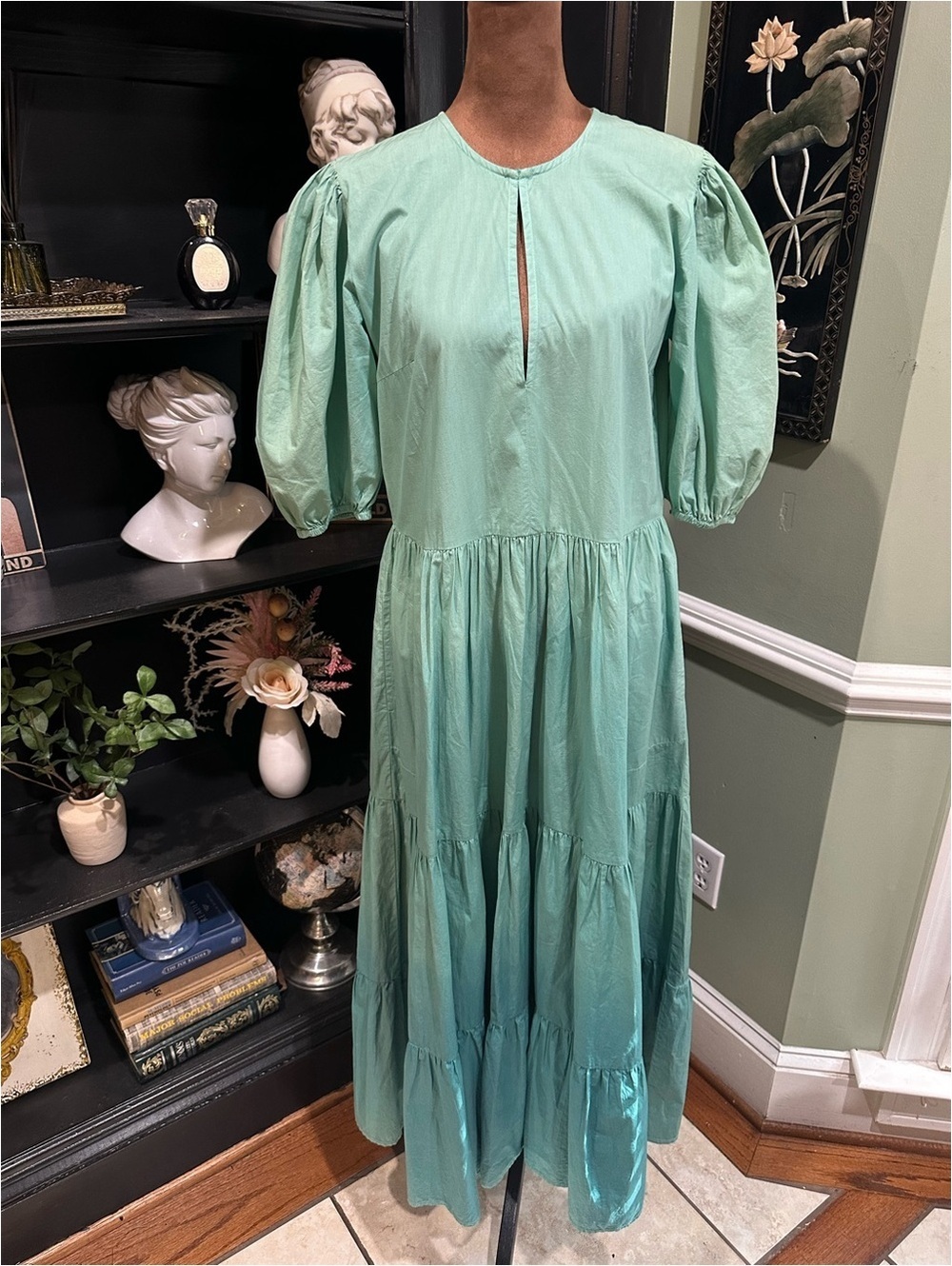 Oliphant Light Green Ombré Puff Sleeve Cotton Maxi Dress – Size S